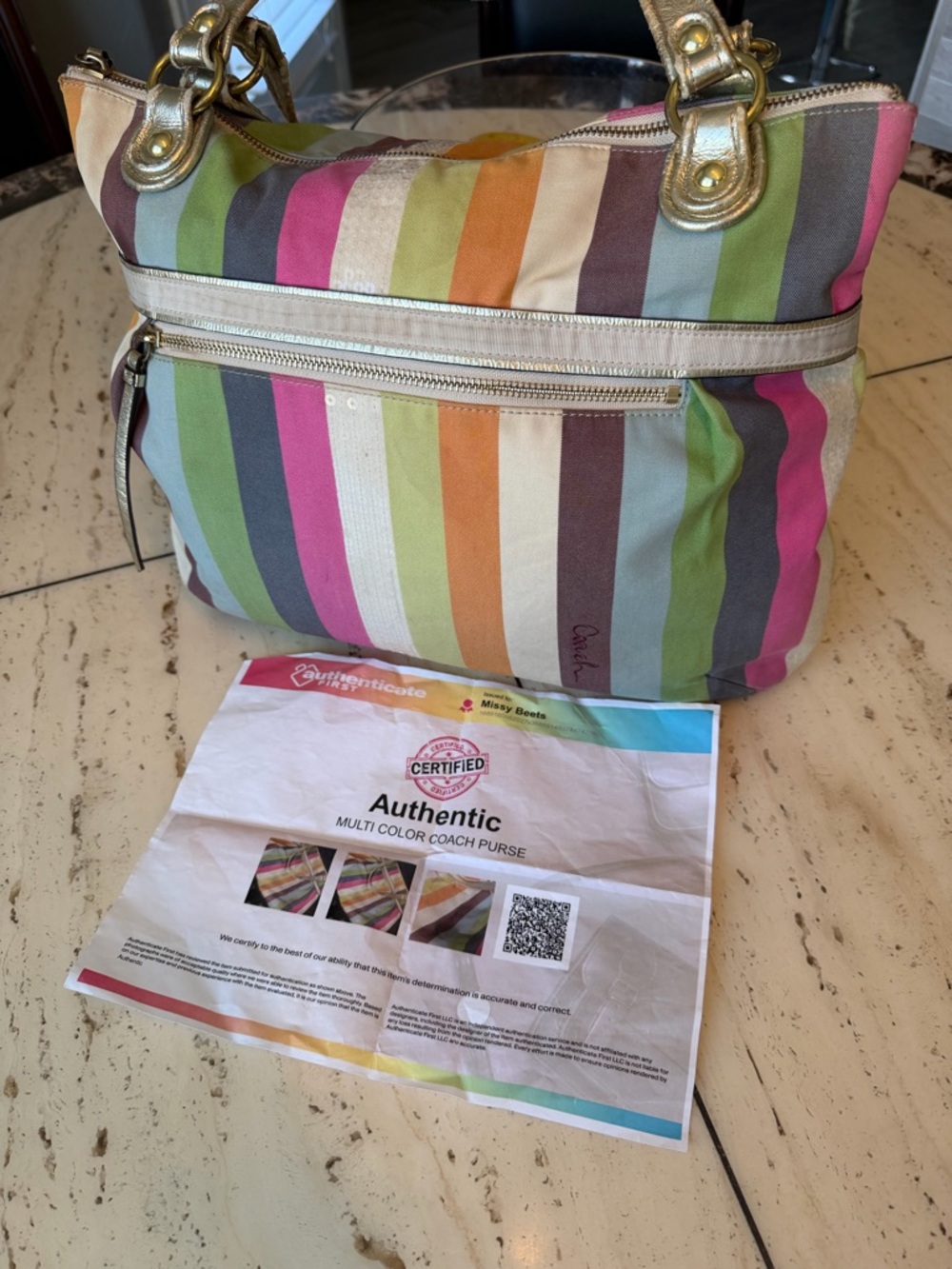 2011 Coach Poppy Legacy Multicolor Striped Canvas Tote with Gold Trim